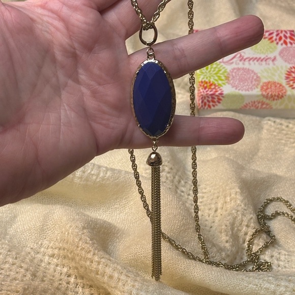 Premier Designs "CECE" Double-Sided Teal Blue Pendant Necklace NWT Gold Tone - Picture 12 of 12